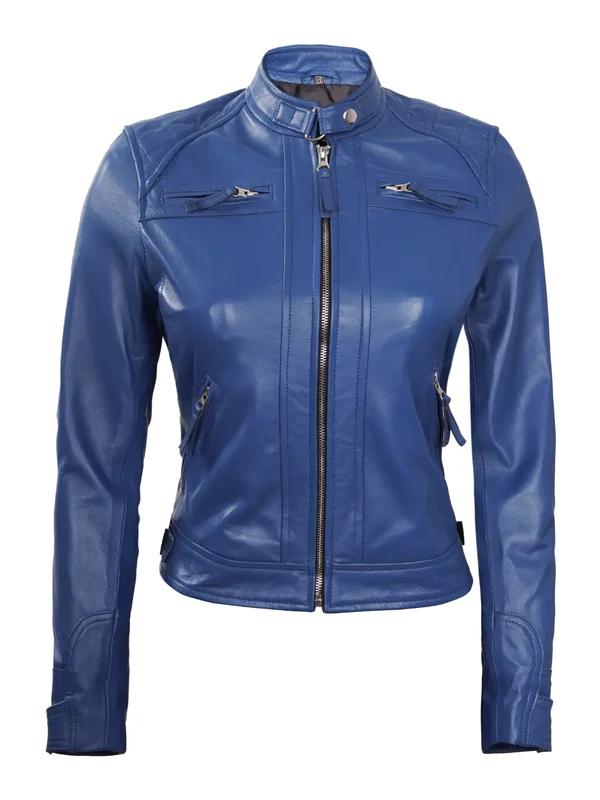 Saoirse Ladies Blue Cafe Racer Leather Jacket