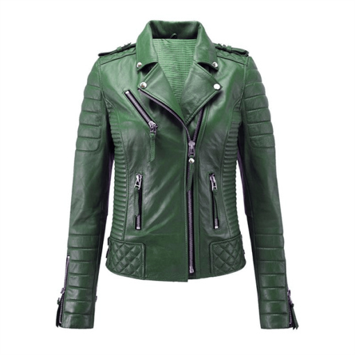 "Material: 100% Sheepskin Leather Color: Green Closure: Front Zipper and Sleeve Zips Collar: Well turned Design Pockets: Three External & Two Internal Pockets"