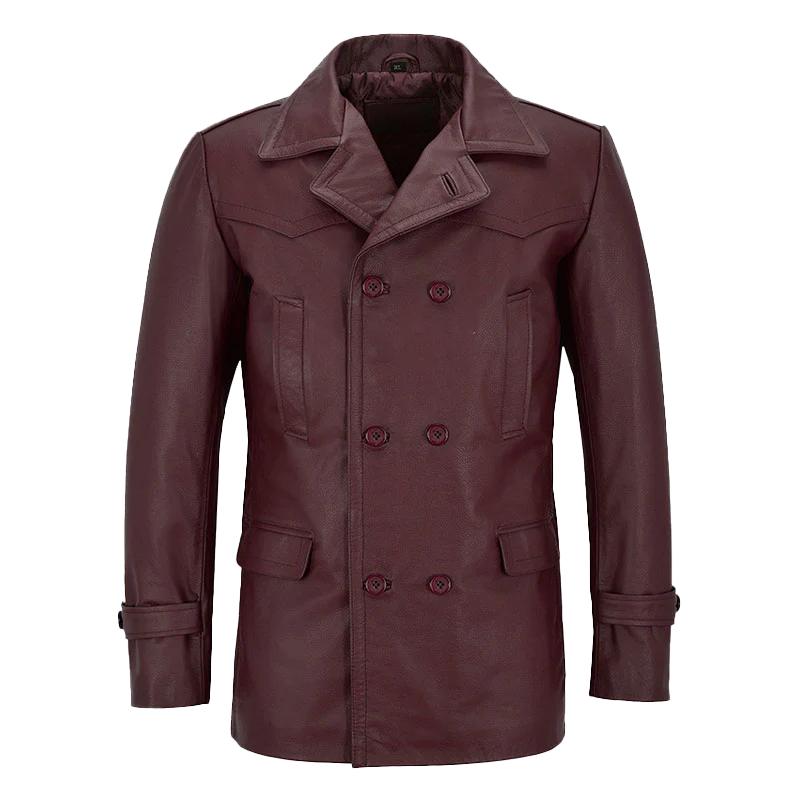 Theodore Men's Maroon Double Breasted Leather Blazer