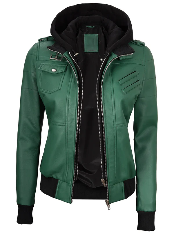 Trevor Women's Green Hooded Leather Jacket