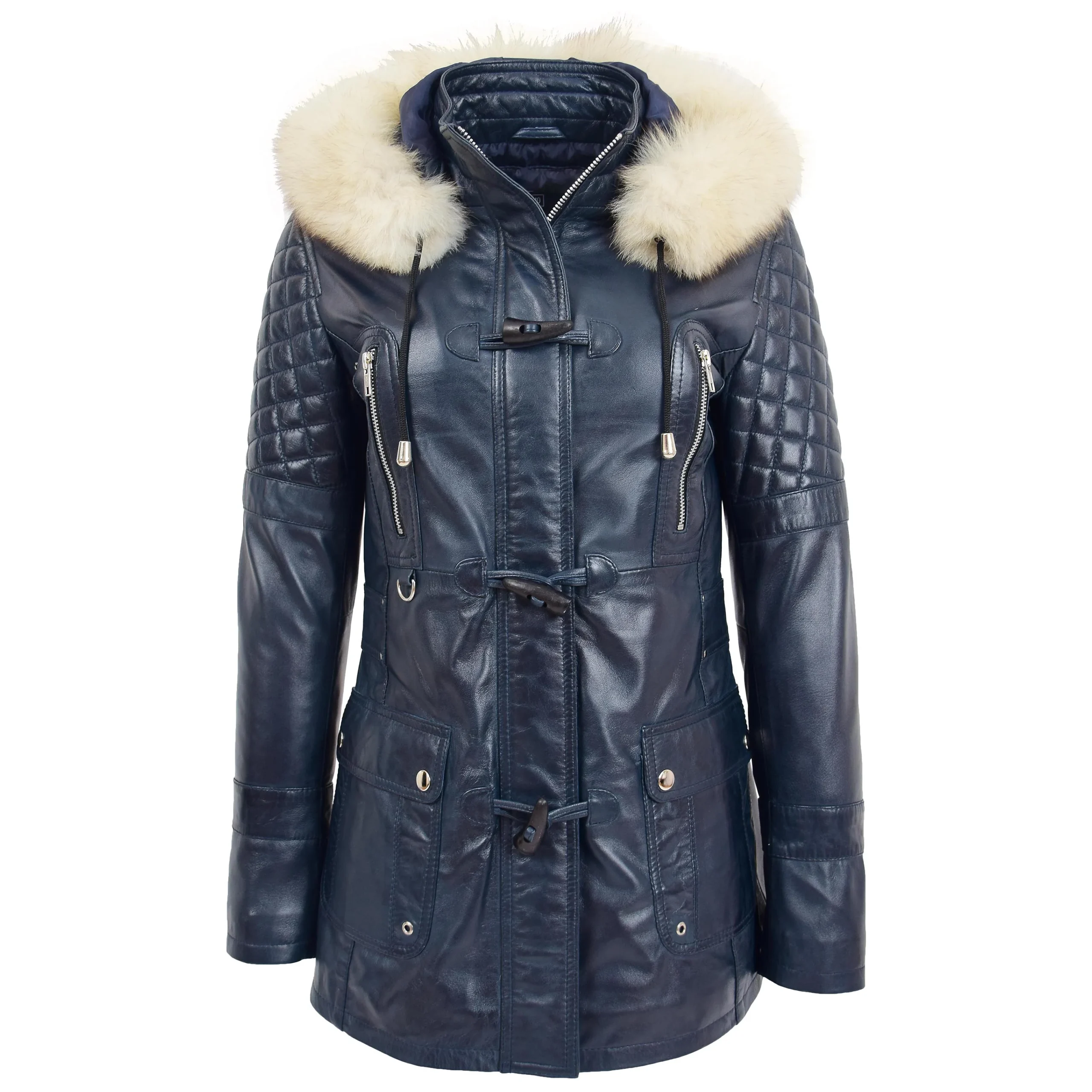 Valerie Ladies Blue Hooded Leather Jacket