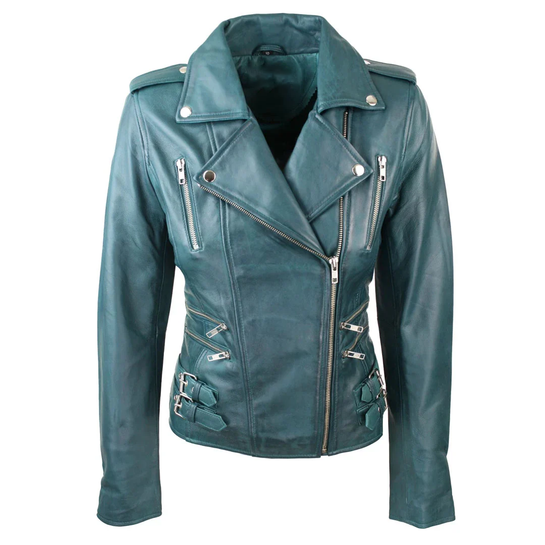 Wilburn Women's Teal Rider Leather Jacket