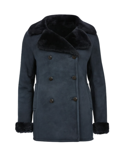 Corinne Women's Blue Double Breasted Leather Coat