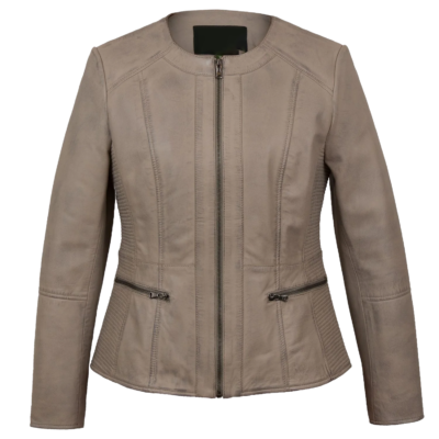 Edith Ladies Grey Collarless Leather Jacket