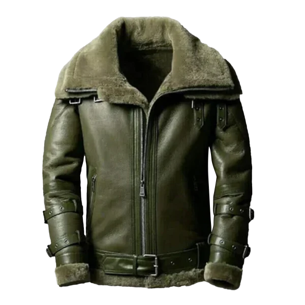 Jayvion Men's Green RAF Bomber Shearling Leather Jacket