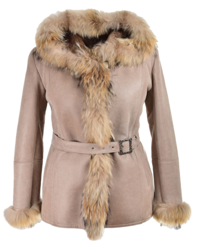 Nina Women's Beige Hooded Shearling Leather Coat