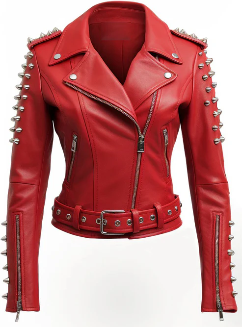 Women Christmas Studs Red Leather Jacket