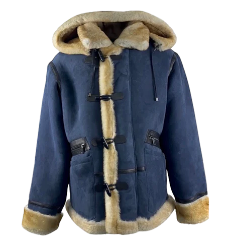 Zaire Men's Navy Blue Hooded Shearling Pilot Coat