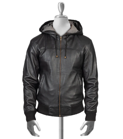 Zane Black Hooded Bomber Leather Jacket