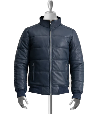 Draco Men's Blue Bomber Puffer Leather Jacket