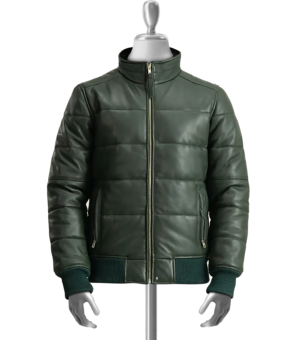 Maven Men’s Green Bomber Puffer Leather Jacket