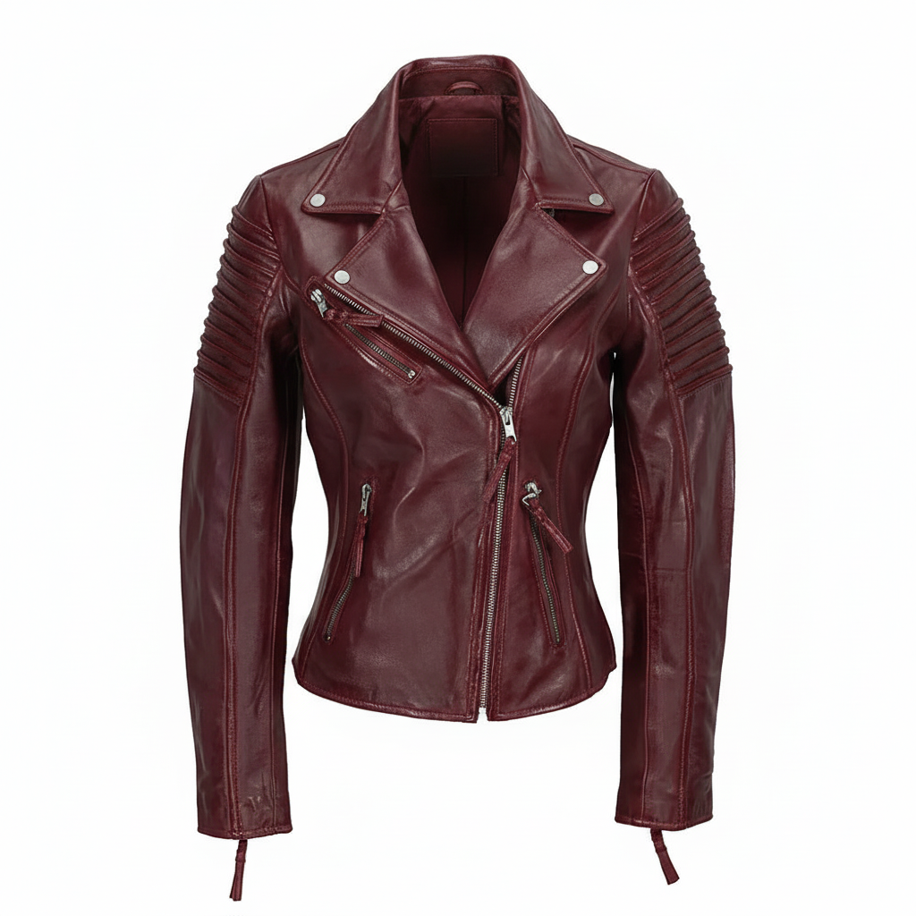 Birdie Ladies Burgundy Biker Leather Jacket