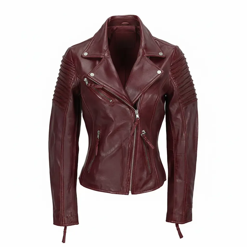 Birdie Ladies Burgundy Biker Leather Jacket